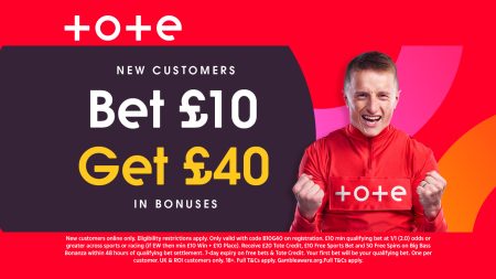 Receive a £40 Welcome Bonus with a £10 Horse Racing Wager on Tote.