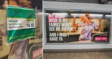 Covering up assisted dying advertisements with suicide prevention posters on the Tube