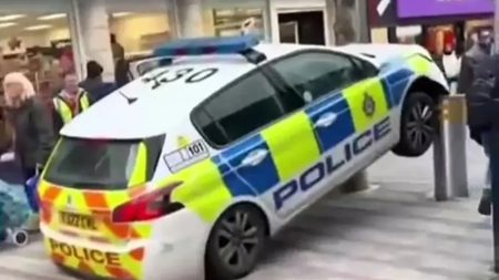 Police Vehicle Unexpectedly Elevated by Malfunctioning Security Bollards, Trapping Officers.