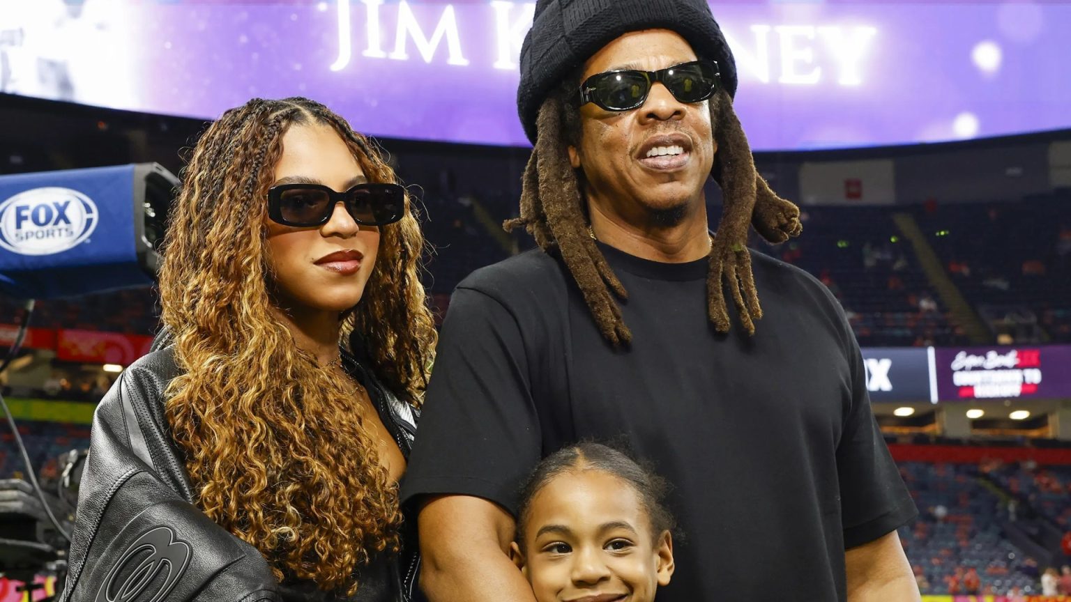 Beyonce and Jay-Z’s rarely-seen daughter Rumi, 7, cheers as she joins big sister Blue Ivy, 13, and dad at Super Bowl