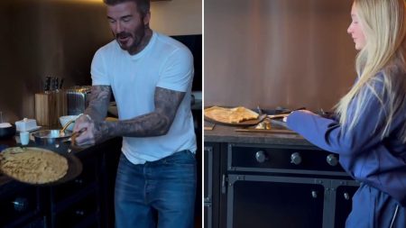 David Beckham flips pancakes with daughter Harper in family’s state of the art kitchen at £12m Costswolds home
