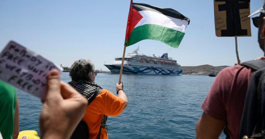 Pro-Palestine protesters block Israeli cruise ship from docking on Greek island