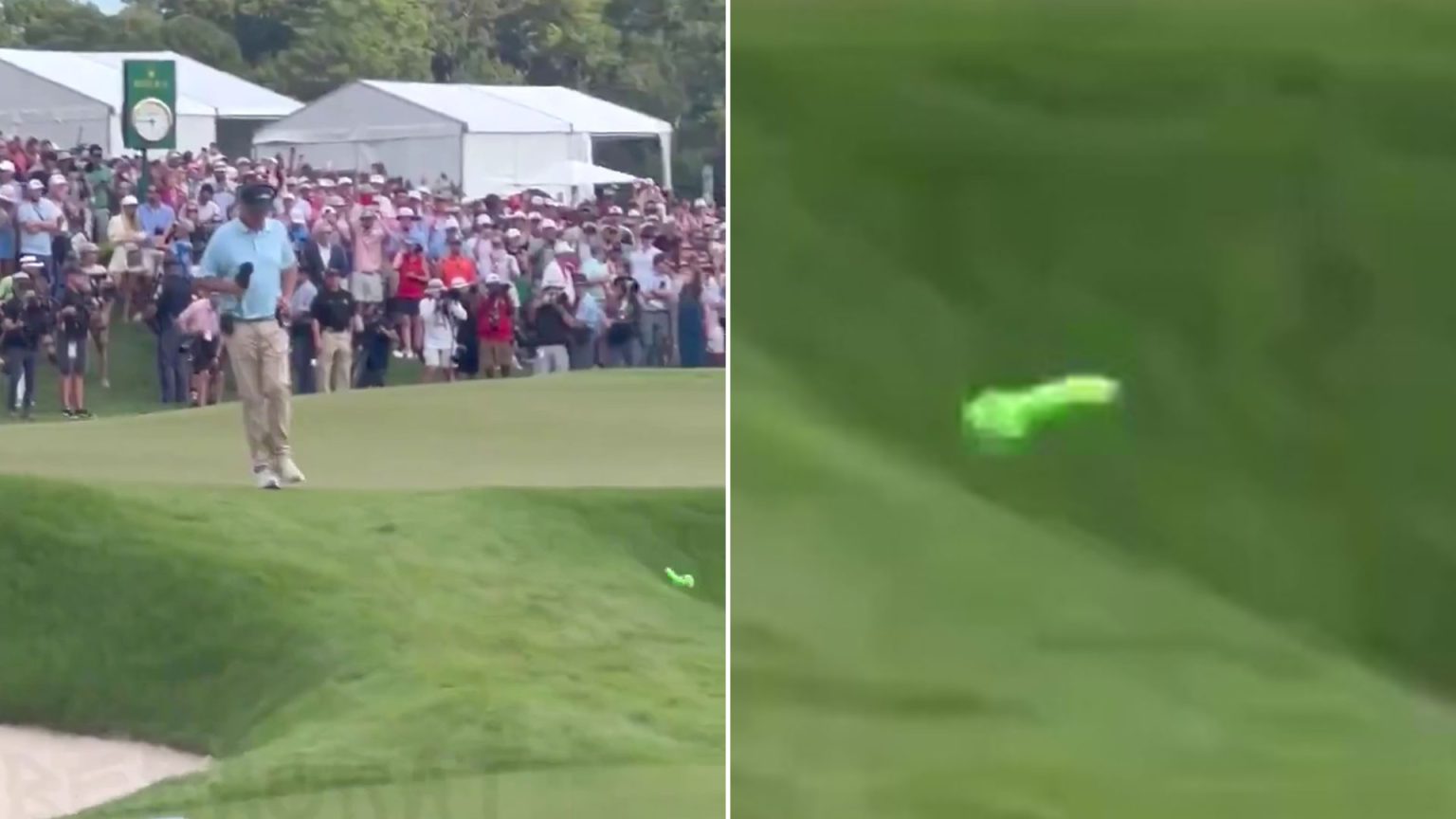 Bizarre scenes as bright green sex toy thrown on 18th green at PGA FedEx Cup as angry star boots it into bunker