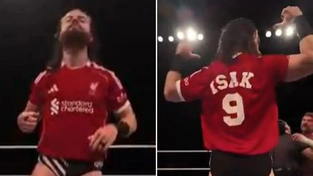 Newcastle crowd sent into MELTDOWN as WWE star strips off to unveil ‘Isak 9’ Liverpool shirt in middle of fight