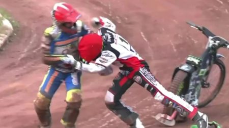 Watch as speedway rivals trade blows in huge on-track brawl in ugly scenes that will trigger disciplinary probe