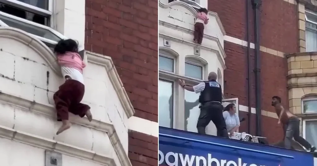 Young girl dangles from window ledge before dramatic rescue above shop in Ilford