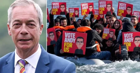 Nigel Farage posts bizarre AI image of migrants with ‘vote Andy Burnham’ placards