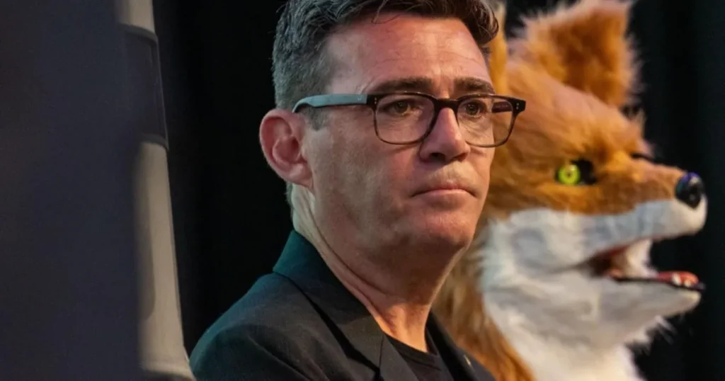 Why was there a giant fox next to Andy Burnham during the Makerfield results?