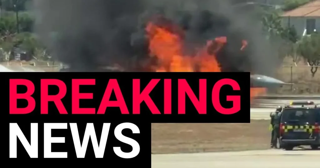 Fighter jet goes up in flames after crash landing at airport