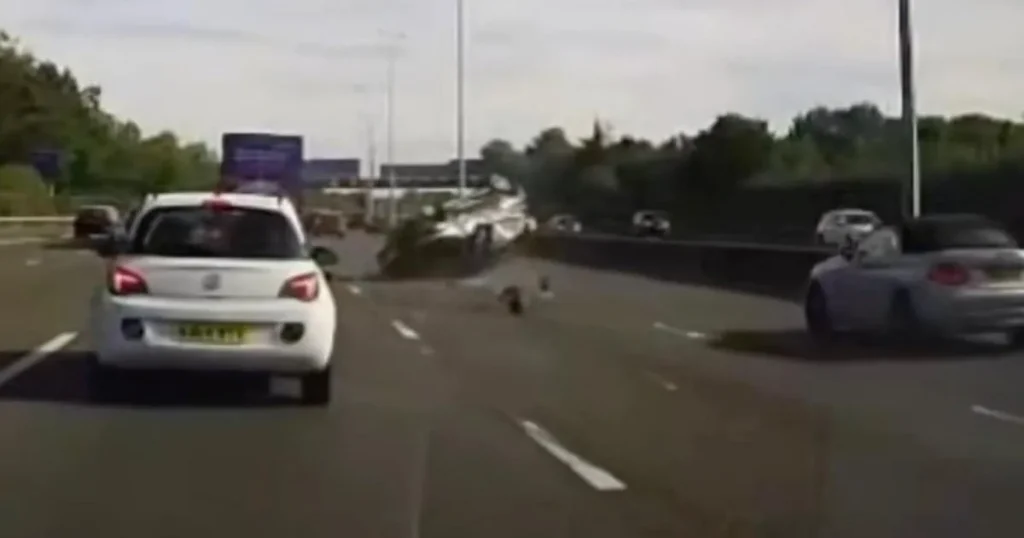 Shocking moment car flips and rolls over in middle of the M25
