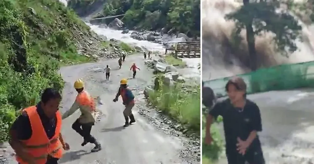 Workers narrowly escape glacier collapse hurtling towards them in terrifying video