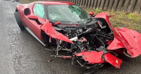 £250,000 Ferrari supercar wrecked after driver loses control in the rain