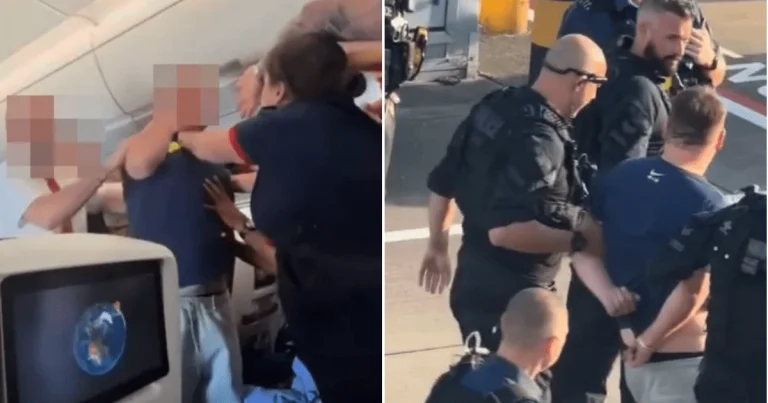 Shocking moment drunk BA passenger fights cabin crew before being arrested at Heathrow