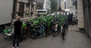 Lime Street in London clogged up by a sea of Lime bikes