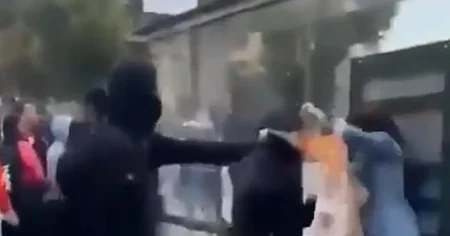 Shocking moment woman is attacked with makeshift flamethrower during France riots