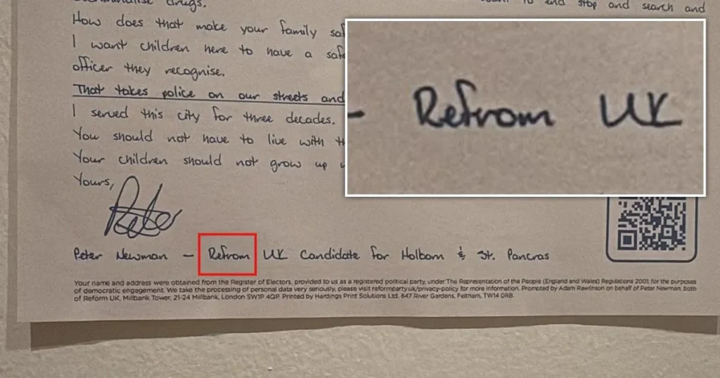 Reform spells own party name wrong in crucial by-election letter to voters