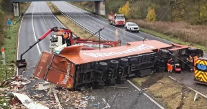 Lorry full of Warburtons bread sheds its load across carriageway